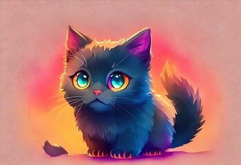 A cartoon cat with green eyes sits on a rock in a field with a colorful landscape., Created with Generative AI Technology