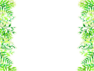 シンプルで爽やかな新緑のイラストフレーム、手描き、水彩風