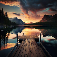 view from a dock looking out over a beautiful lake at sunset, generative ai 
