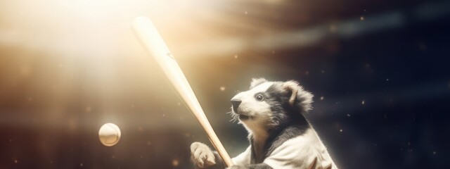 Naklejka premium Skunk Athletic Baseball Player Hitting Baseball At Game Generative AI
