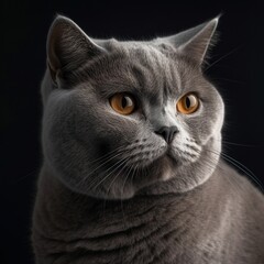 Studio portrait of British shorthair grey cat with big wide face on Isolated Black background