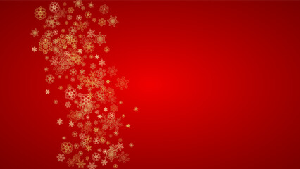 Christmas snowflakes on red background. Horizontal glitter frame for winter banner, gift coupon, voucher, ads, party event. Santa Claus color with golden Christmas snowflakes. Falling snow for holiday