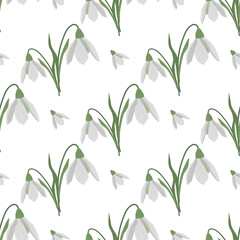 Seamless pattern with spring flowers and snowdrops. Isolated on white background. Vector illustration.