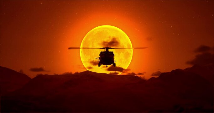 Helicopter Approaching Against The Moon