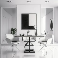 A beautiful modern office in white color, with modern chairs, minimalist pictures on the wall, elegant glass table, Generative AI.