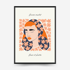 Abstract floral and women posters template. Modern trendy Matisse minimal style. Cute girl and fashion. Hand drawn design for wallpaper, wall decor, print, postcard, cover, template, banner. 