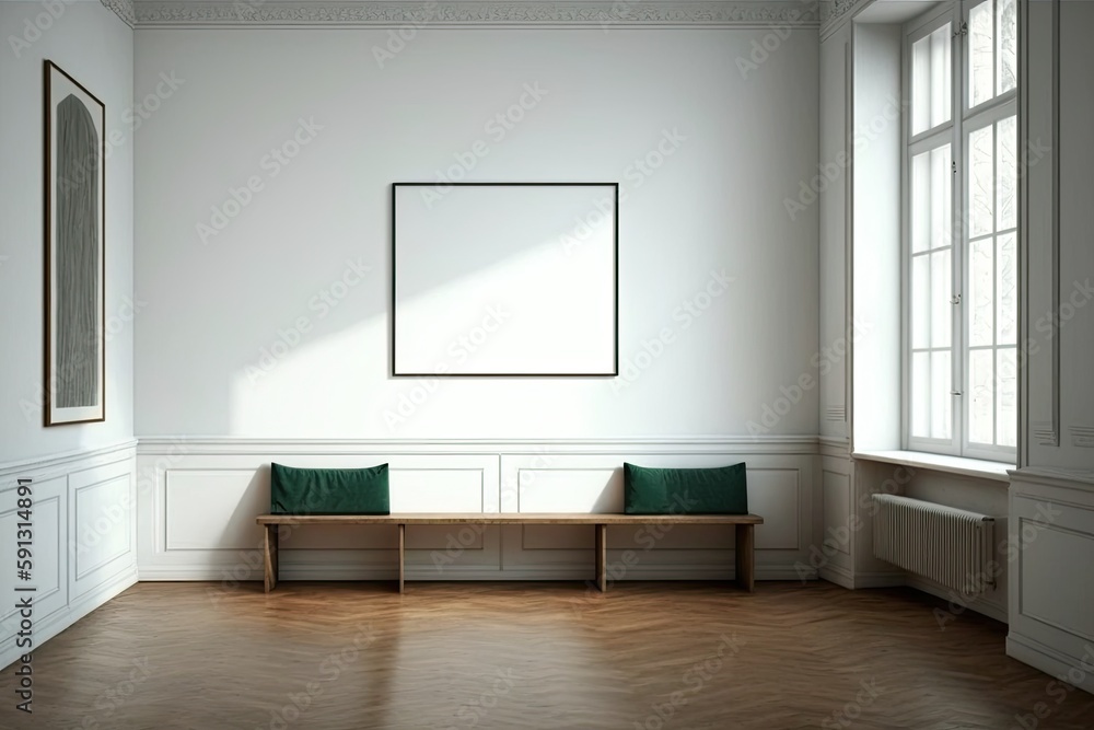 Poster an empty room with a bench and a picture frame on the wall. generative ai
