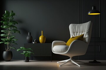 modern white chair with a pop of yellow in a dimly lit room. Generative AI