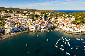 Picturesque aerial view of Mediterranean coastal town and resort of Cadaques in Catalonia, Spain