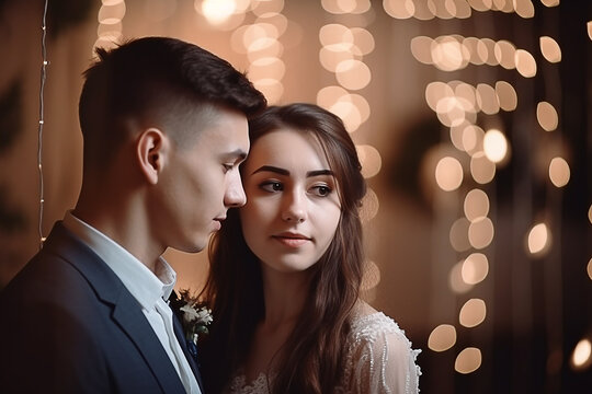 Lindo casal de noivos curtindo o casamento desfocado atr&aacute;s da decora&ccedil;&atilde;o rom&acirc;ntica das luzes do casamento