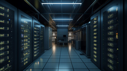 room with servers. Big data, connections. Created using generative AI.