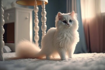 white cat standing on a bed with a curious expression. Generative AI
