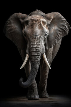  elefante de vista frontal, fundo preto