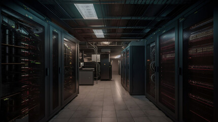 room with servers. Big data, connections. Created using generative AI.