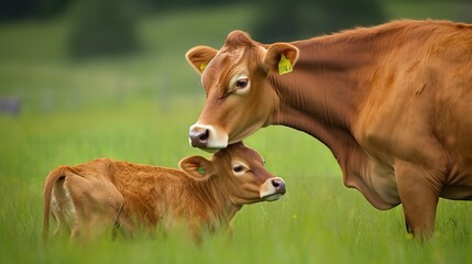 Obraz na płótnie Canvas Jersey Cow and Calf Bonding in a Green Pasture