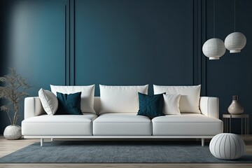 modern living room with blue walls and white furniture. Generative AI