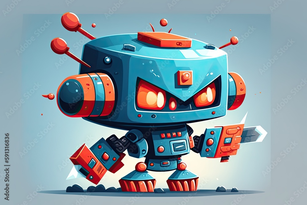 Poster menacing blue robot holding a sharp knife. generative ai