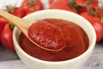 Spoon and bowl with tasty tomato paste, closeup