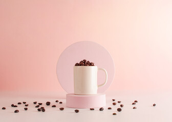 Roasted Coffee Beans in a Cup on a Pedestal, Pastel Colored Background