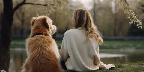 A young woman and a big dog are sitting side by side on the ground in a spring park, a view from the back and a close-up. Generative AI