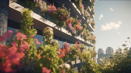 Fototapeta na wymiar Skyscrapers with flowers and vegetation along balconies