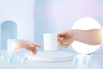 Fototapeta na wymiar Portal Hand Offering a Cup of Coffee in Futuristic White Scene
