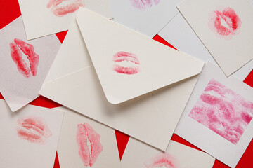 Envelope with lipstick kiss marks on red background, closeup