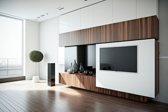 modern living room with a large window and a television. Generative AI