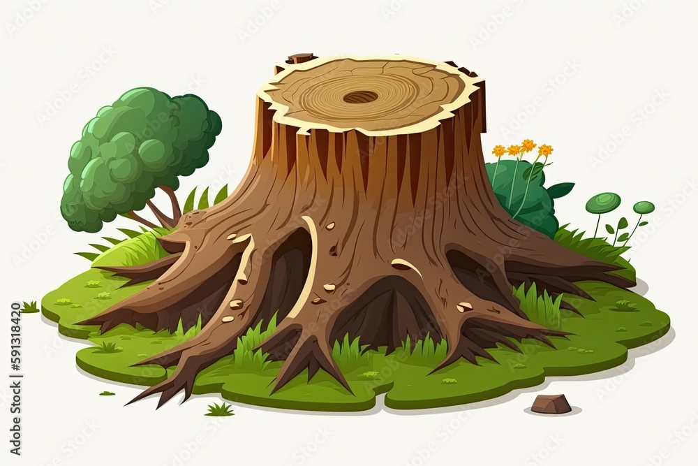Poster large tree stump in the center of an open field with a cloudy sky in the background. generative ai