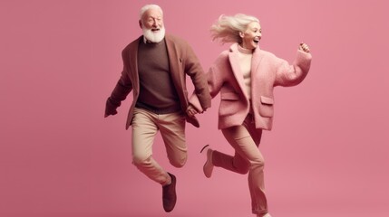 Energetic Seniors: Active Couple Jumping with Happiness, generative ai