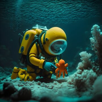 Claymation Scuba Diver Picking Up Plastic Off The Ocean Floor Wes Anderson Simple Vibrant 8k Hdr 