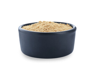 Aromatic mustard powder in bowl on white background