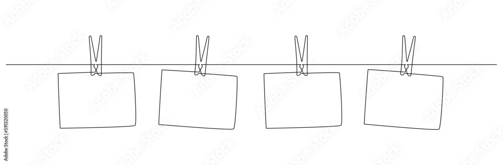 Leinwandbilder Photo frames hanging on the rope with clothespins in one continuous line drawing. Clothesline with pin and peg for photo album design concept in simple linear style. Editable stroke. Doodle vector