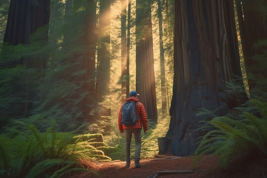 Generative Ai image of a person hiking though a redwood forest