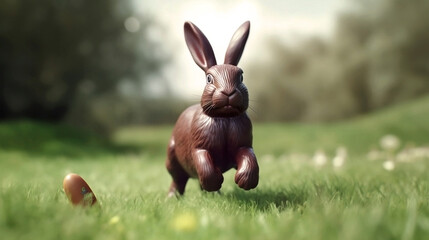 Generative Ai image of a chocolate easter bunny in grass