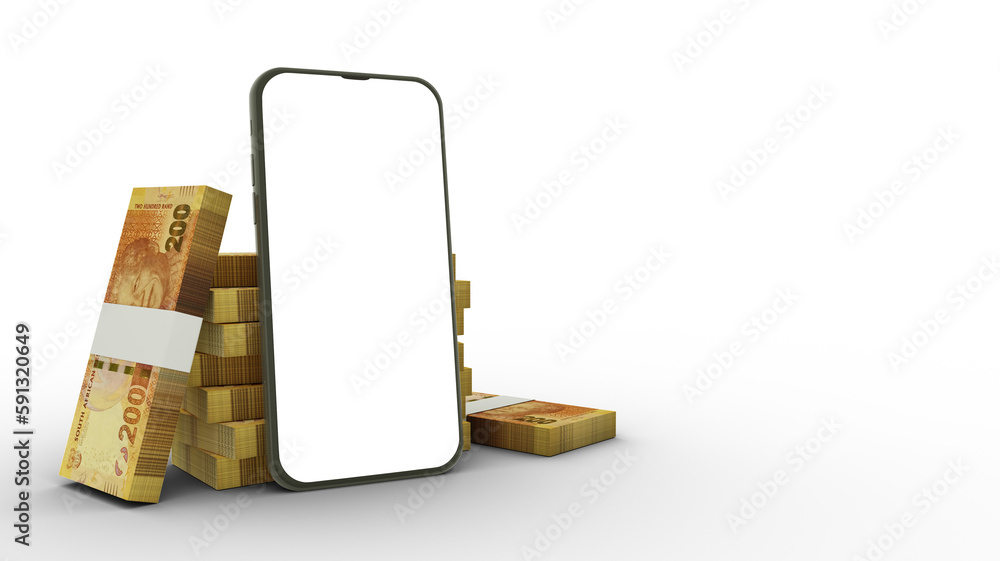 Poster 3d rendering of a mobile phone with blank screen in front of stacks of south african rand notes isol