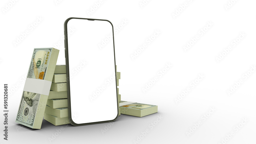 Aufkleber 3d rendering of a mobile phone with blank screen in front of stacks of us dollar notes isolated on t