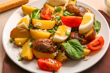 Plate of tasty potato salad with eggs and tomatoes on table, closeup