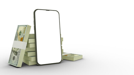 3D rendering of a mobile phone with  blank screen in front of stacks of US dollar notes isolated on transparent background.