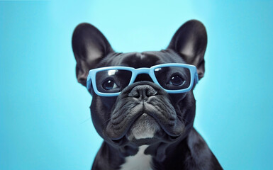 Generative Ai image of a french bulldog wearing reading glasses