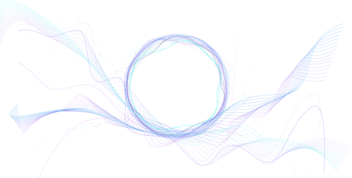 Big data, AI, network connection structure, data transmission. Cyclical wave figure of multicolored lines and dots for design on IT or technological theme in transparent background