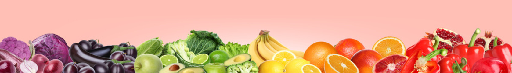 Many different fresh fruits and vegetables on pink background. Banner design
