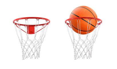Fototapeta na wymiar Collage of basketball ball and hoop isolated on white