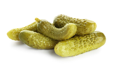 Tasty fermented cucumbers on white background