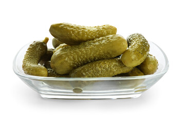 Bowl with tasty fermented cucumbers on white background