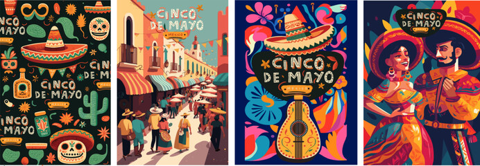 Cinco de Mayo is a Mexican holiday. Vector illustrations of pattern, mexican sombrero hat, mexico city street, couple at festival and spanish guitar for poster, background or greeting card - 591321432