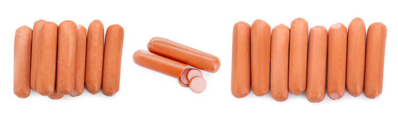 Fresh raw sausages on white background, top view