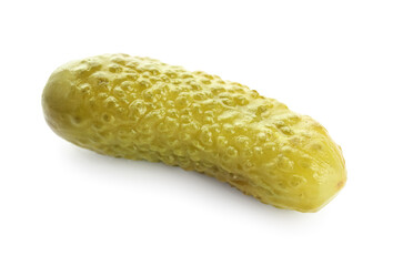 Tasty fermented cucumber on white background