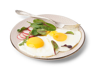 Plate with tasty fried eggs, radish and spinach on white background
