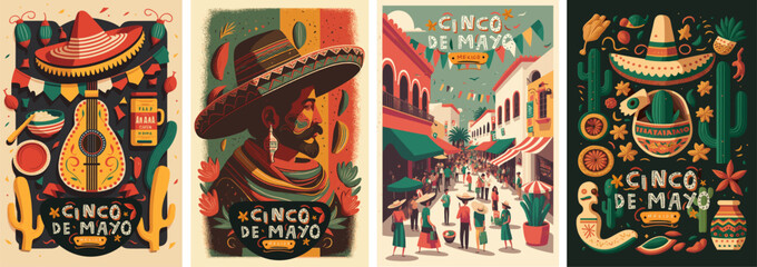 Cinco de Mayo is a Mexican holiday. Vector illustrations of pattern,  sombrero hat, mexico city street, Mexican man and spanish guitar for poster, background or greeting card - 591321493